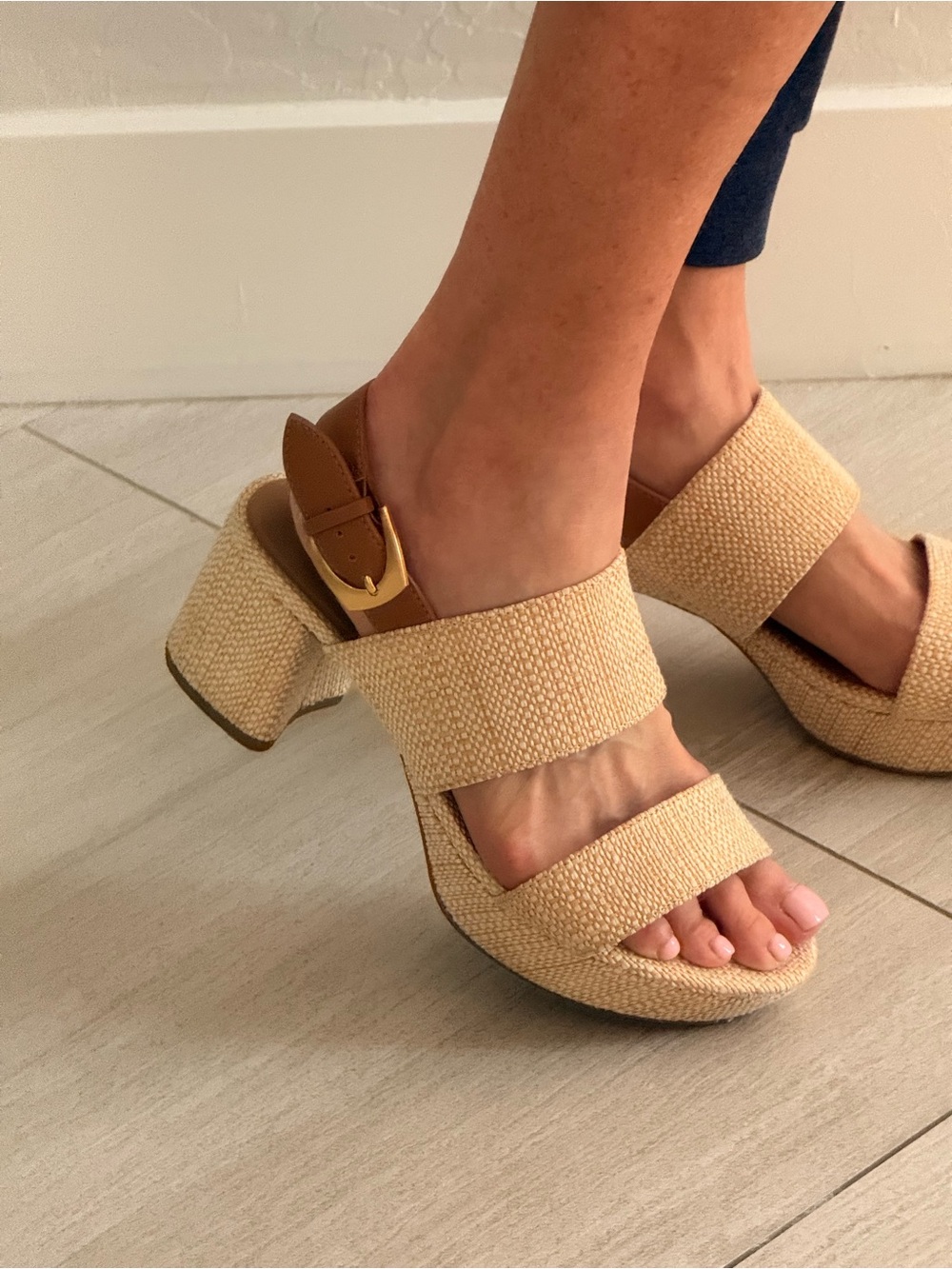 Stylish Women's Beige/Cream Woven Block Heel Sandals - Neutral Summer Style
